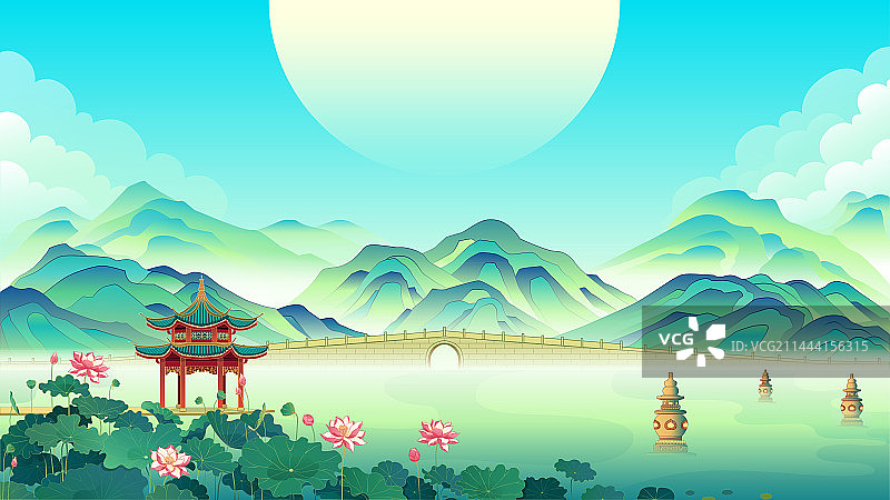 杭州西湖国潮矢量插画图片素材