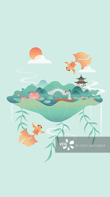 夏天荷叶荷花山水国潮新中式插画图片素材