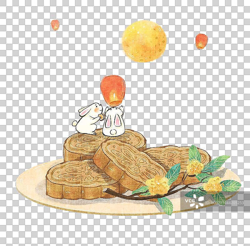 手绘水墨一盘月饼兔子桂花孔明灯图片素材