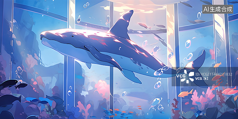 【AI数字艺术】鲸鱼游泳在海洋唯美插画图片素材