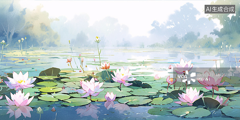 【AI数字艺术】水彩荷塘荷花夏日背景清新插画图片素材