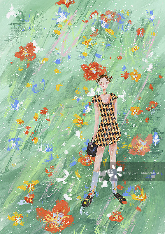 谷雨时节草地鲜花与女孩图片素材