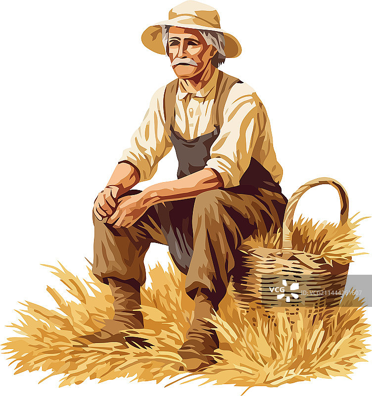 笑容满面的老农户外收割成熟的小麦图片素材