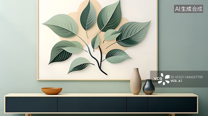 【AI数字艺术】树叶绿植花瓶摆件现代室内简约装饰图片素材