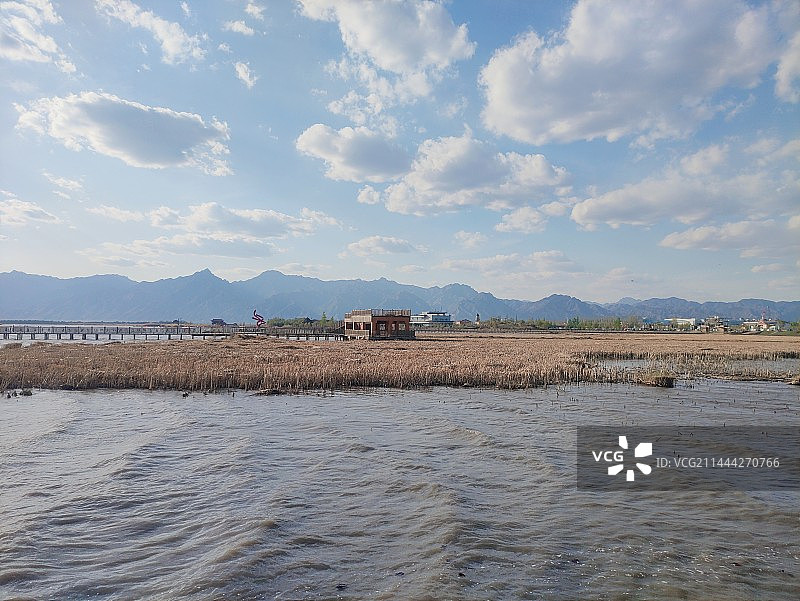 蓝天白云下的哈素海旅游景区图片素材