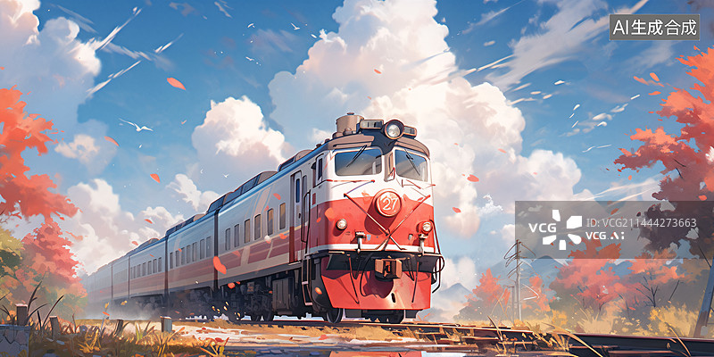 【AI数字艺术】秋天枫叶林火车行驶水彩场景插画图片素材