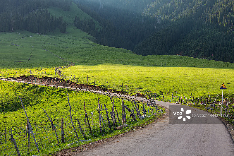 清晨阳光沐浴下的田园村庄草地雪山图片素材