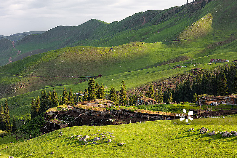 清晨阳光沐浴下的田园村庄草地雪山图片素材