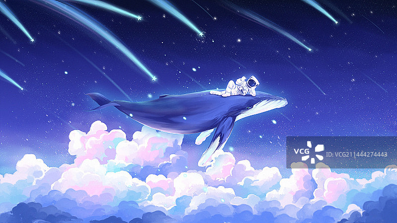 唯美治愈系鲸鱼与宇航员遨游宇宙星空图片素材