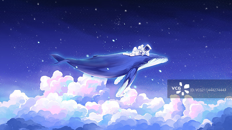 唯美星空宇航员与鲸鱼在遨游宇宙图片素材