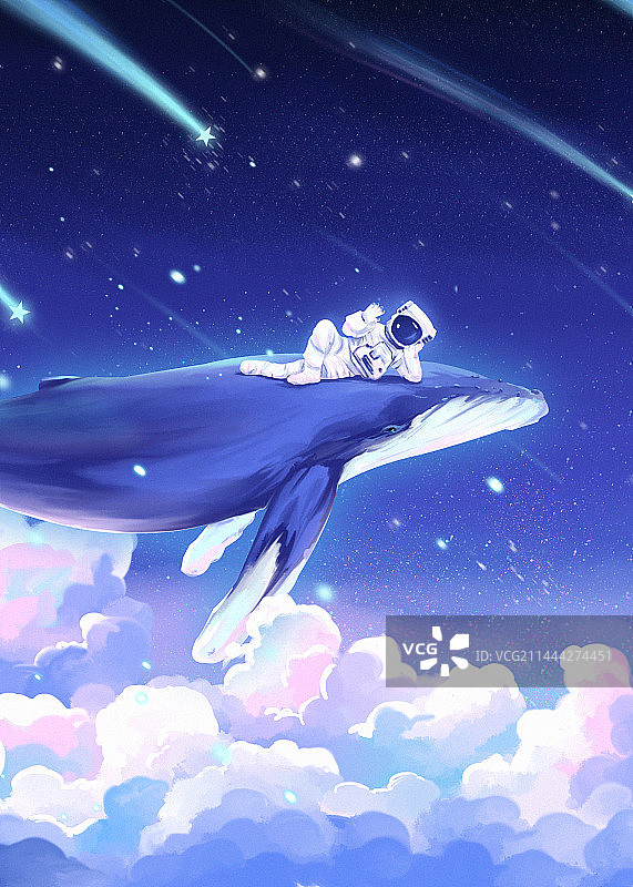 鲸鱼与宇航员遨游宇宙星空唯美插画图片素材