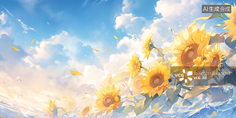 【AI数字艺术】向日葵花海蓝天白云唯美水彩插画图片素材