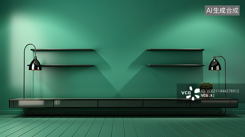 【AI数字艺术】室内空白墙壁绿色背景插画图图片素材
