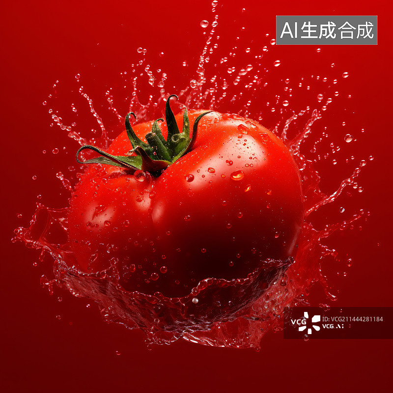 【AI数字艺术】番茄溅起水花在红色背景上图片素材