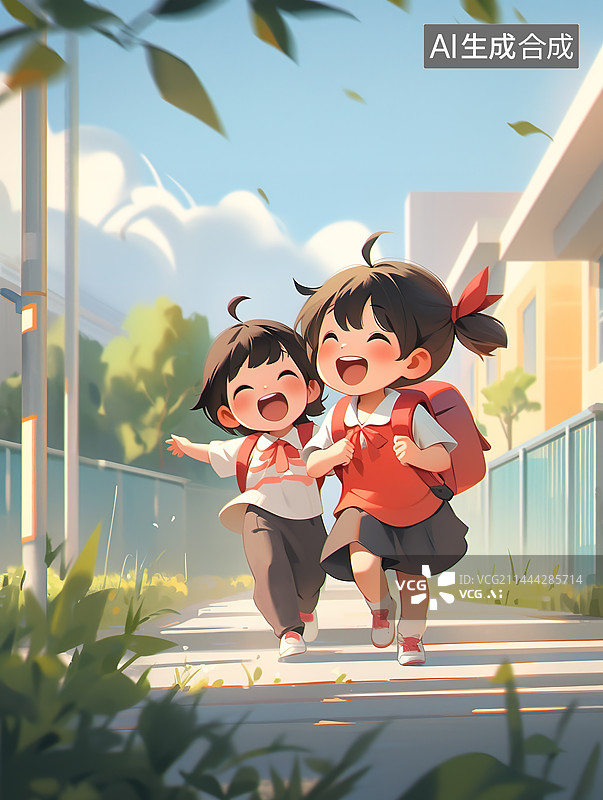 【AI数字艺术】两个背着书包的小女孩快乐的走在路上图片素材