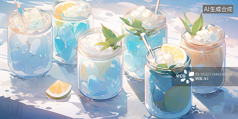 【AI数字艺术】夏天清凉柠檬冰块饮料插画图片素材