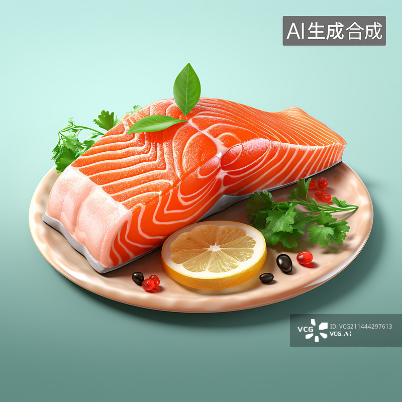【AI数字艺术】新鲜鲑鱼排,美味的海鲜佳肴食品图片素材