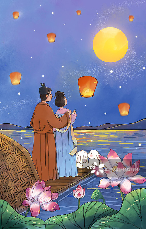 中秋节夫妻湖上一起赏月手绘水彩插画图片素材