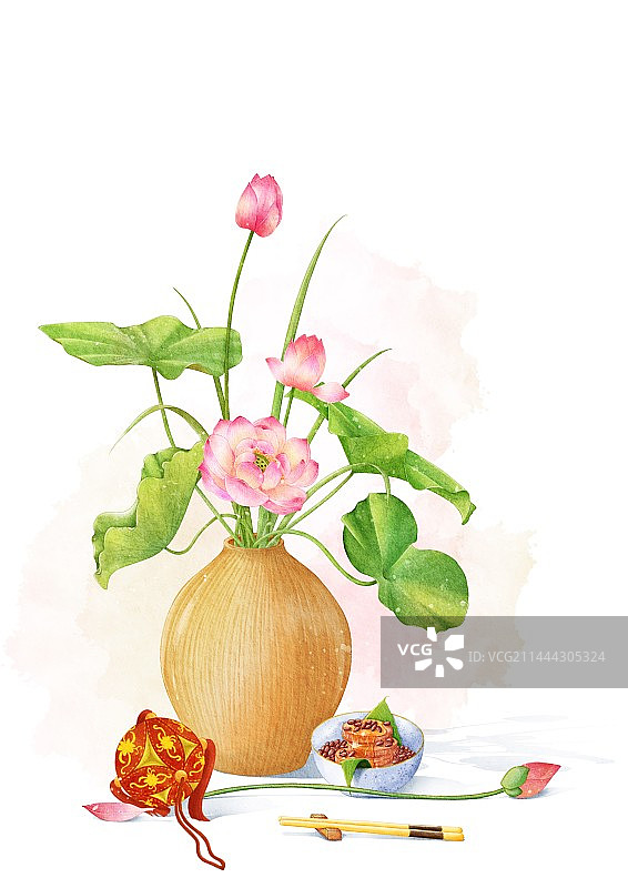 水彩风格插画二十四节气小暑荷花糖藕绣球自然美食海报图片素材