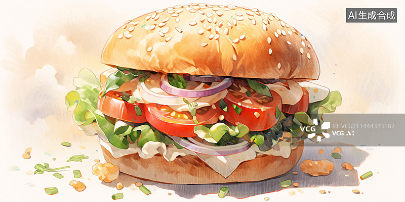 【AI数字艺术】水彩汉堡美食插画图片素材