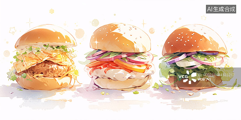 【AI数字艺术】水彩汉堡美食插画图片素材