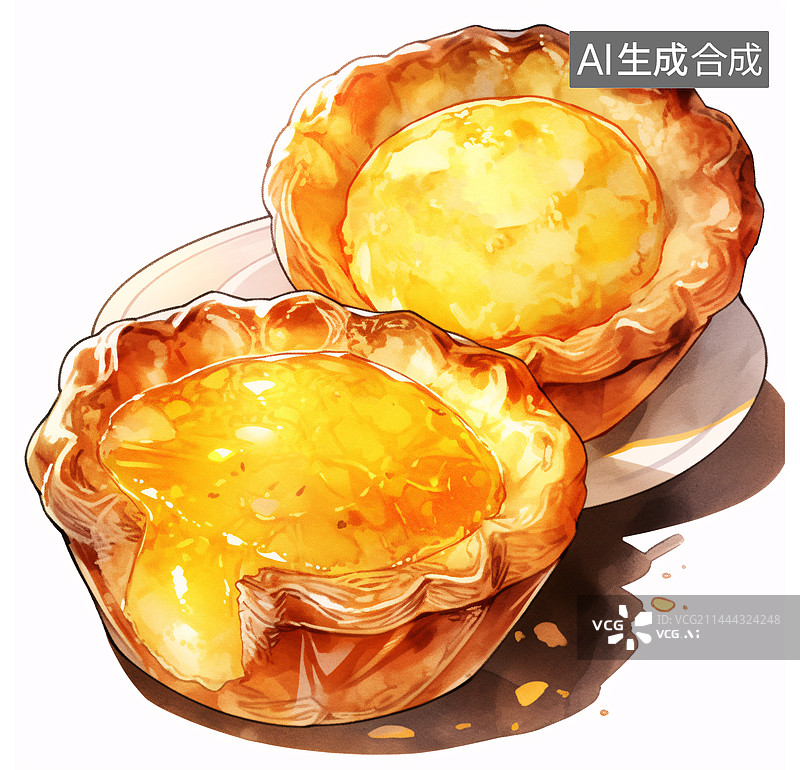 【AI数字艺术】两个蛋挞甜点水彩美食插画图片素材