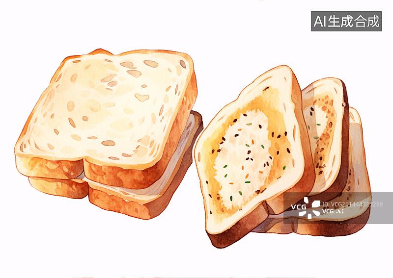 【AI数字艺术】吐司切片美食水彩插画图片素材
