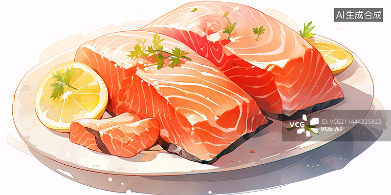 【AI数字艺术】三文鱼刺身美食水彩插画图片素材