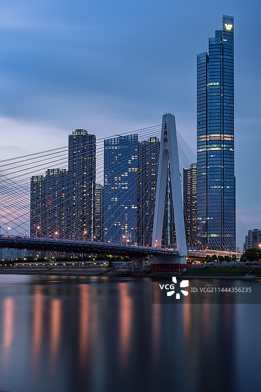 月湖桥和越秀大厦的灯光城市风光夜景天际线图片素材