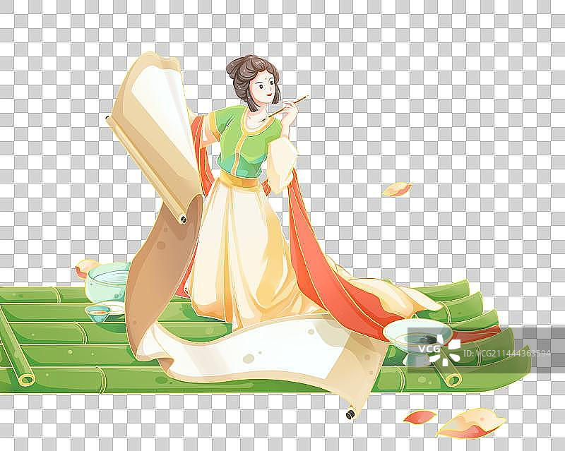 竹筏上绘画的汉服少女图片素材