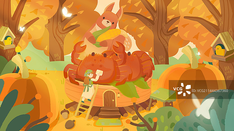 卡通立秋秋膘美食螃蟹南瓜插画图片素材