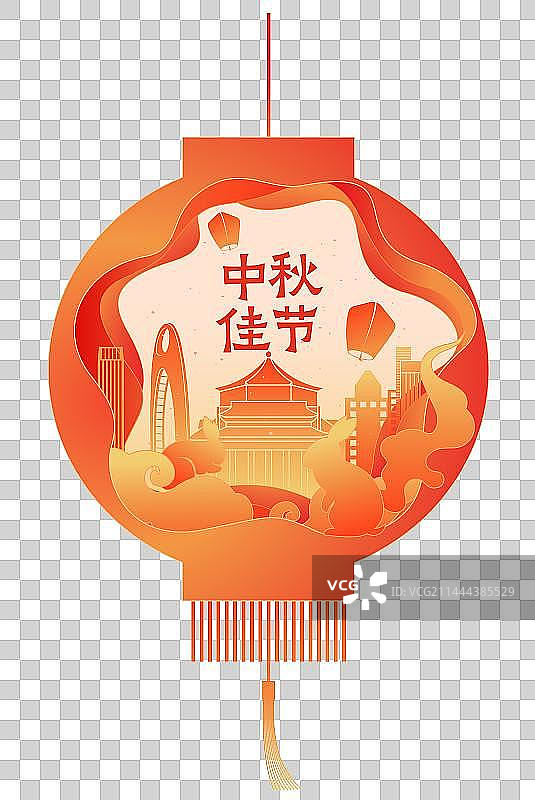 中国传统节日中秋节剪纸建筑风格矢量插画图片素材