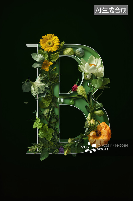 【AI数字艺术】鲜花和青草组成的字母B图片素材