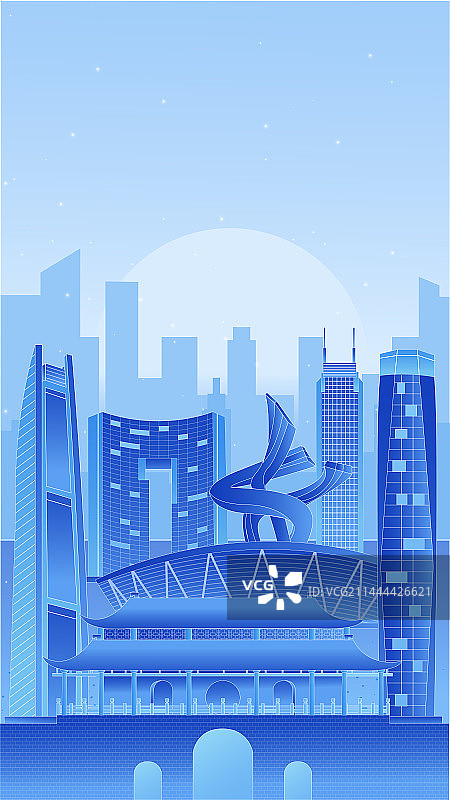 东莞蓝色科技未来企业地标旅游矢量中秋插画建筑群图片素材
