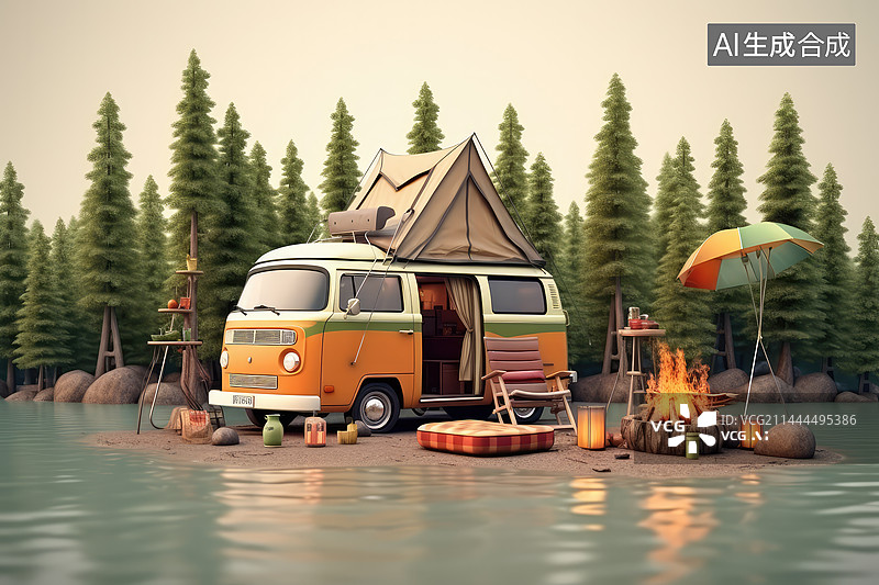 【AI数字艺术】湖边的车顶露营车图片素材