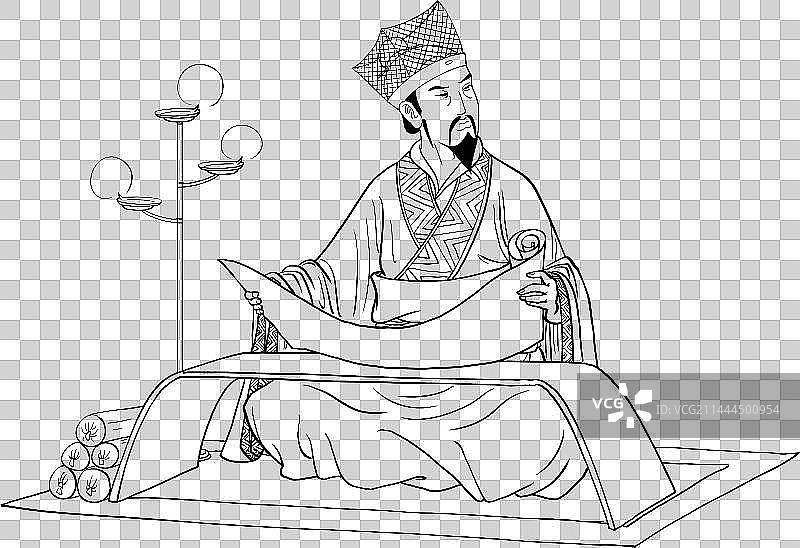 坐在书桌前的古代官吏手持卷宗仔细查看的场景图片素材