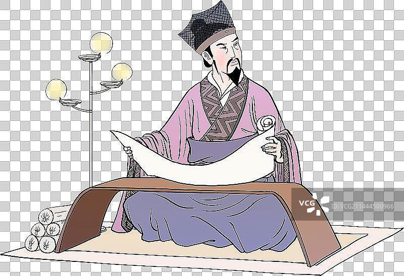 坐在书桌前的古代官吏手持卷宗仔细查看的场景图片素材