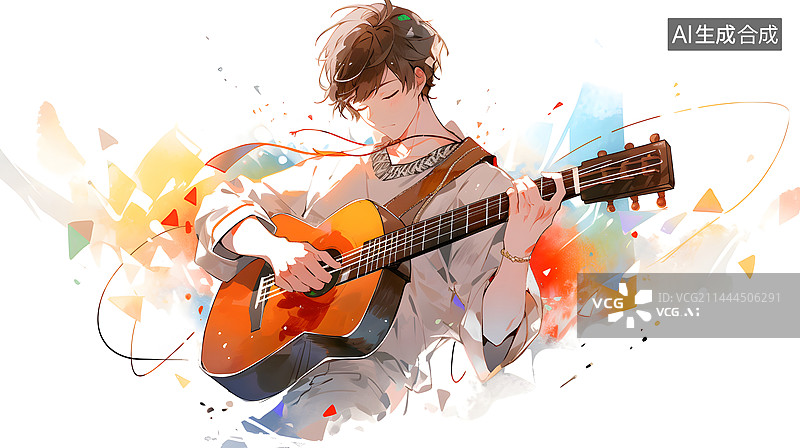 【AI数字艺术】AIGC：弹吉他的少年  乐器图片素材