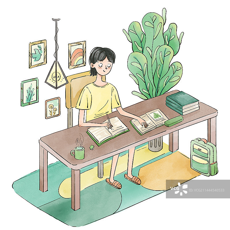 男孩在书桌上写作业图片素材