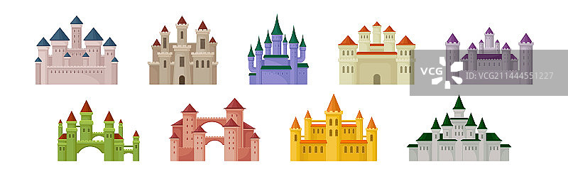 带石墙和高塔的彩色中世纪城堡图片素材