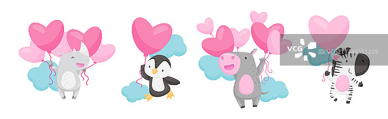 有趣的动物带着心形粉色气球飞行图片素材