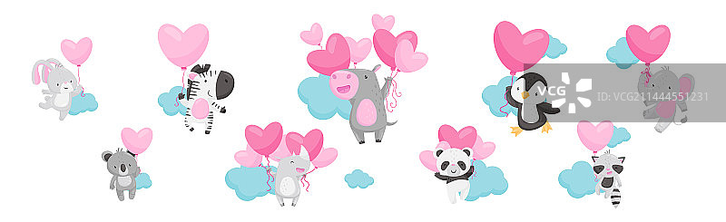 有趣的动物带着心形粉色气球飞行图片素材