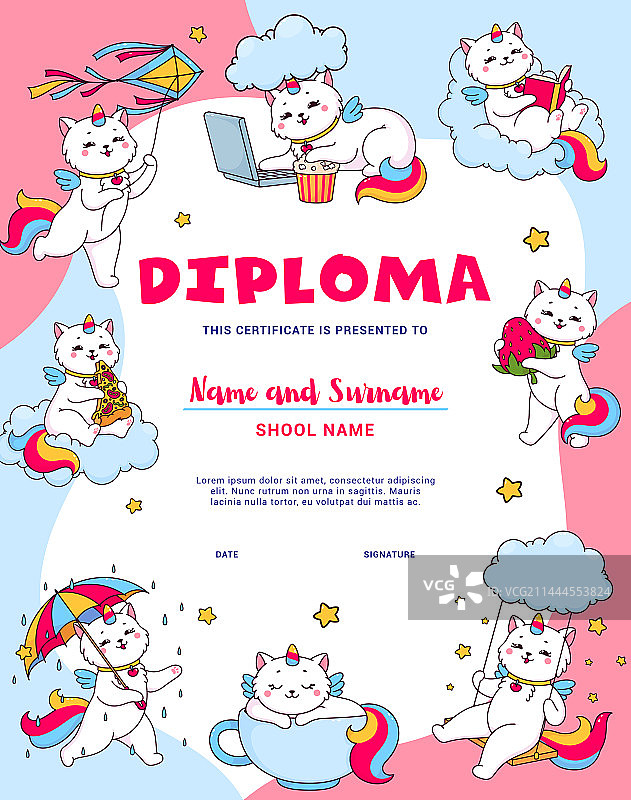 卡通可爱猫角兽毕业证书图片素材