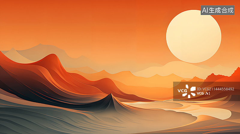 【AI数字艺术】橙色山河流太阳极简背景插画图片素材
