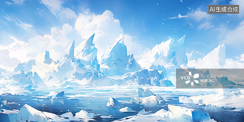 【AI数字艺术】冰川冰山极地水彩插画图片素材