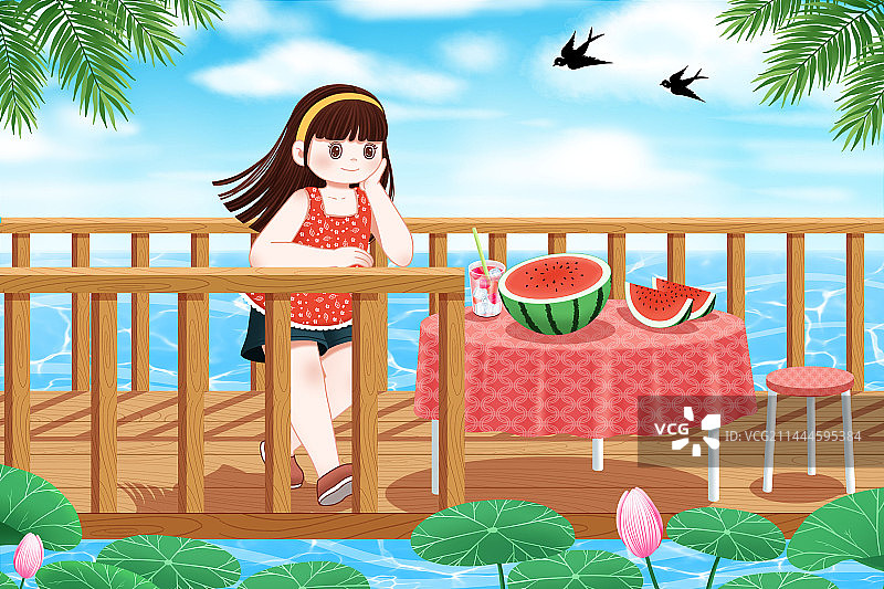夏天赏荷吃西瓜的女孩插画图片素材