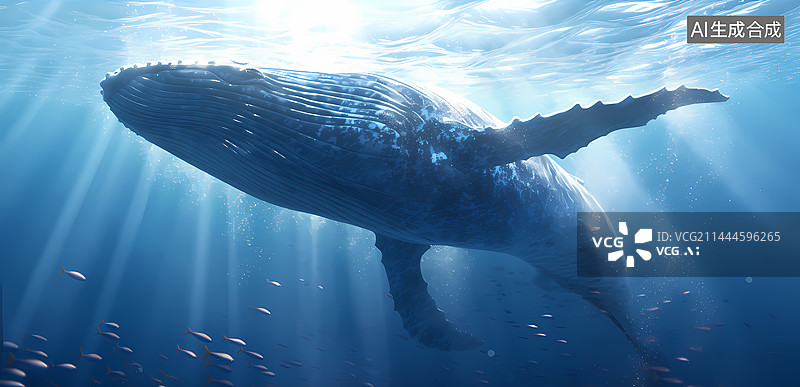 【AI数字艺术】蓝色海洋鲸鱼在有光线的海底游过水下摄影图片素材