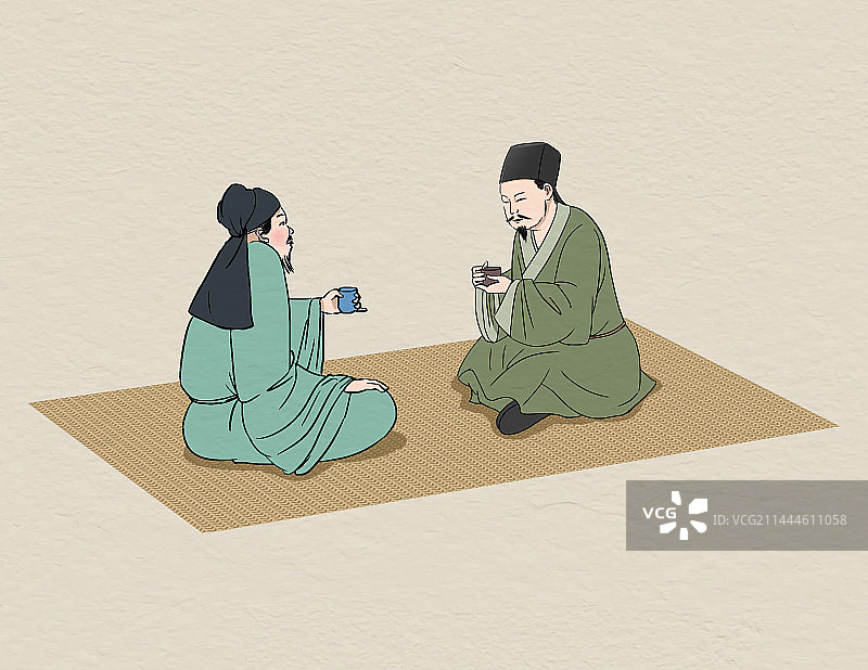 中国风新中式古风古典传统文化古人古时候品茶喝茶意境生活方式老人养老插画图片素材