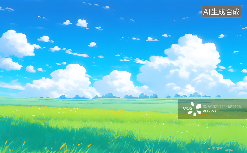 【AI数字艺术】夏天户外蓝天白云草地风景插画图片素材