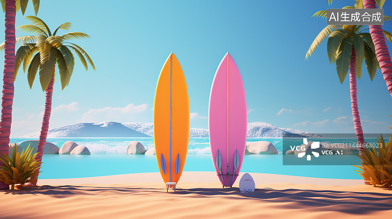 【AI数字艺术】海滩上的冲浪板图片素材